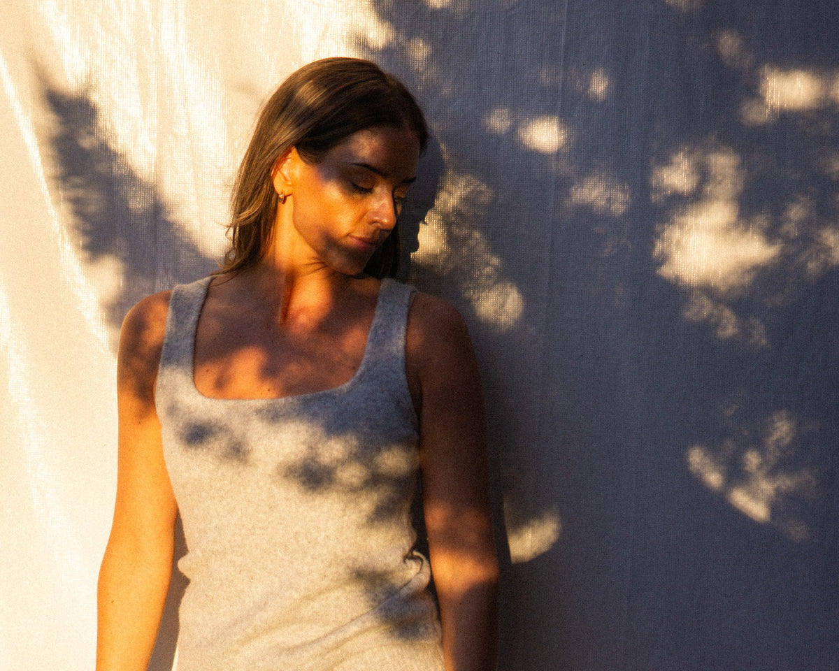 Knit tank in heather grey, leaf shadows