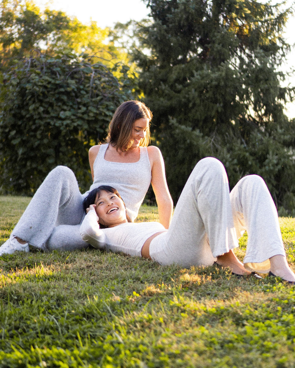 Knit tank and flare pants on the grass
