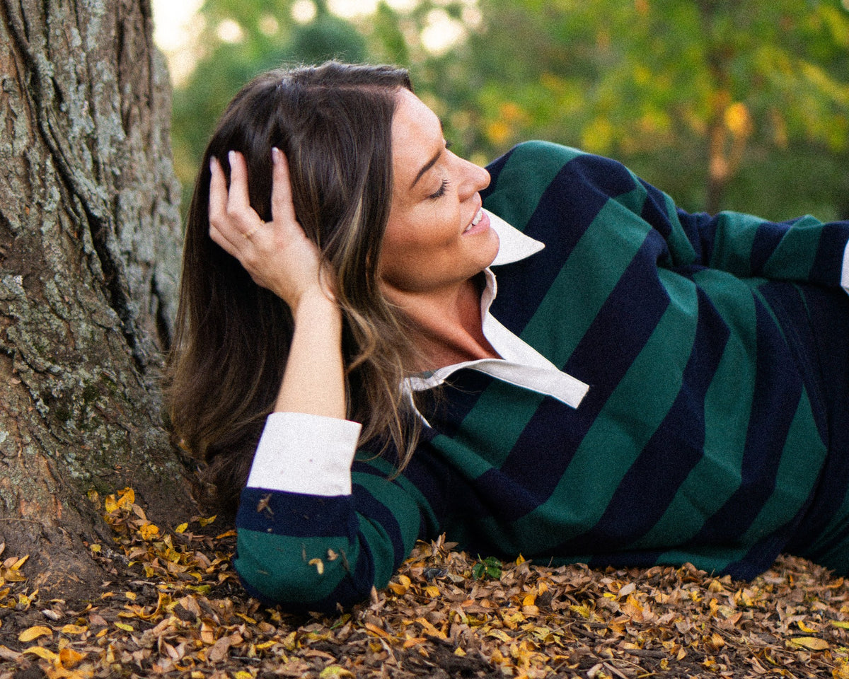 Striped Collar Polo Set against the tree