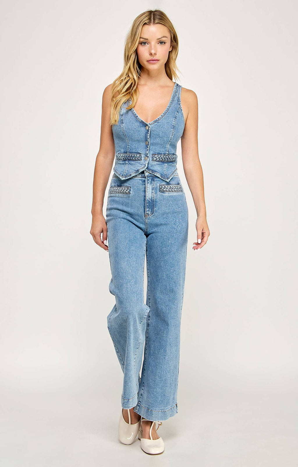 Denim Rope Detail Vest + Wide Pants Set