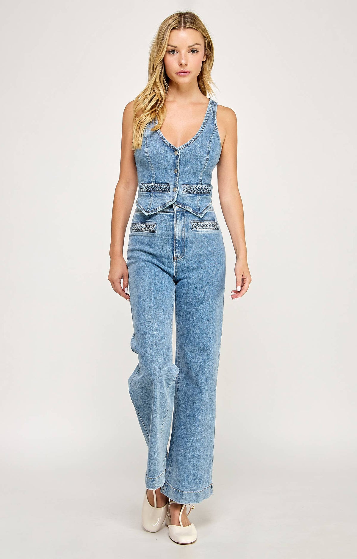 Denim Rope Detail Vest + Wide Pants Set