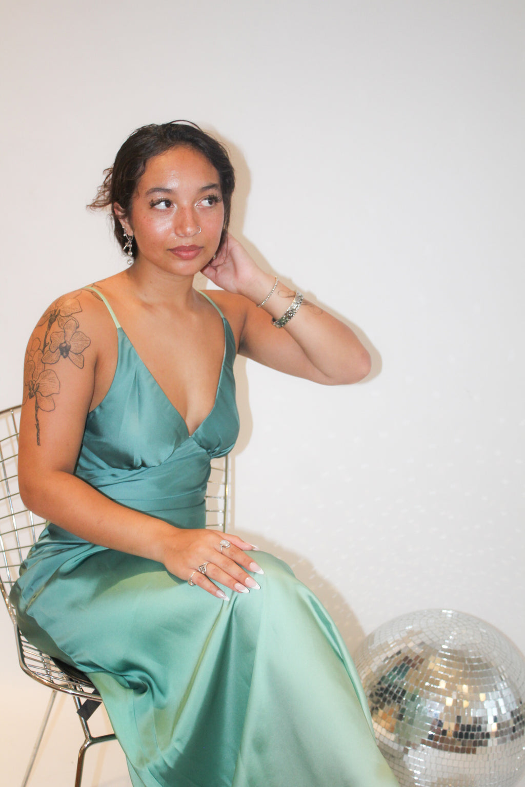 Ombre Satin Bias-Cut Maxi — Jade Ombré, seated