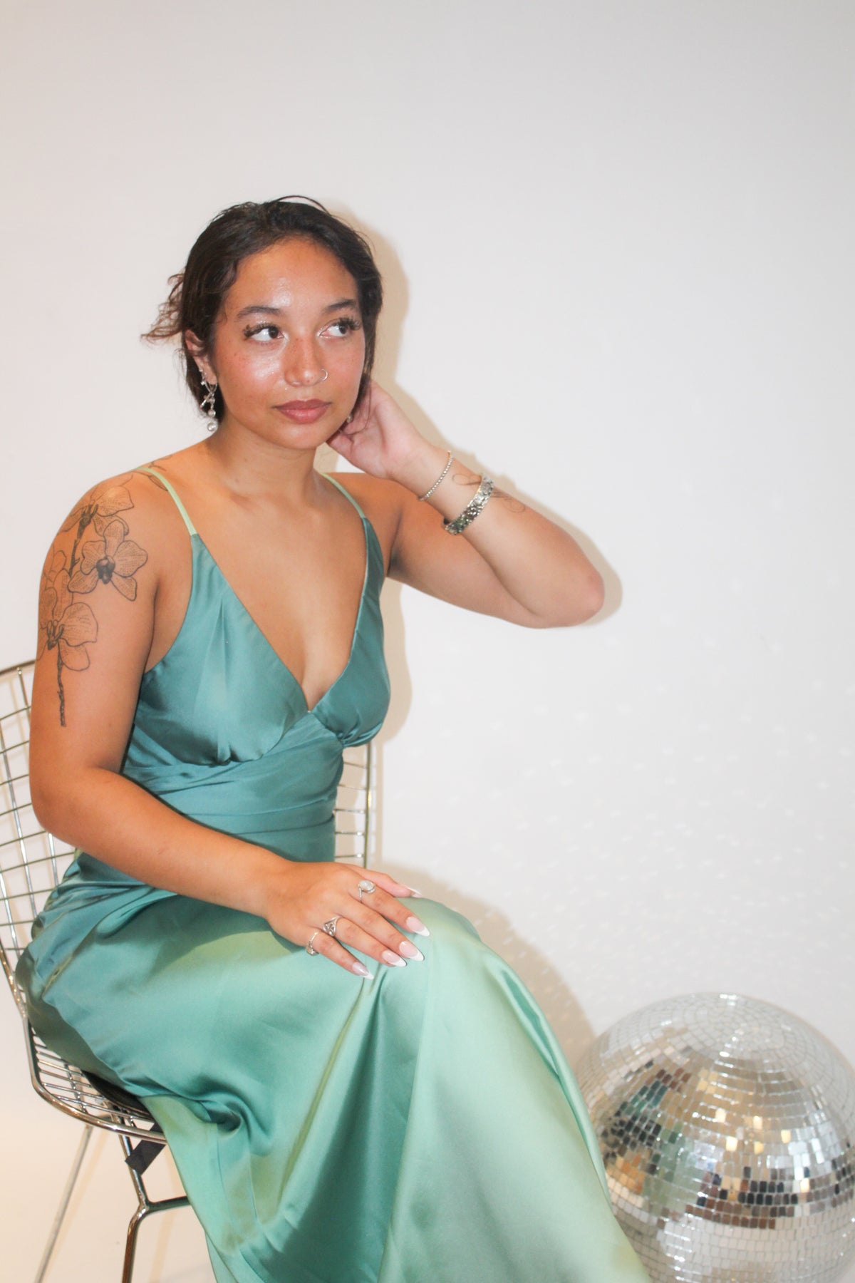 Ombre Satin Bias-Cut Maxi — Jade Ombré, seated
