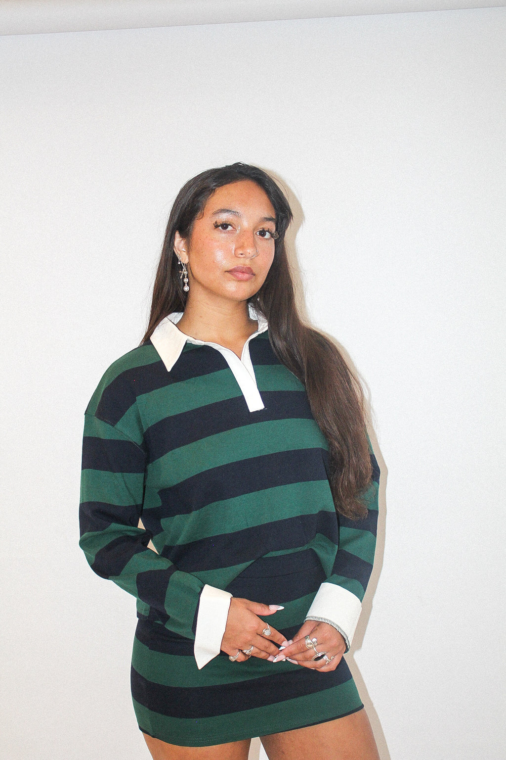 Striped Collar Polo Set — Green/Navy, front