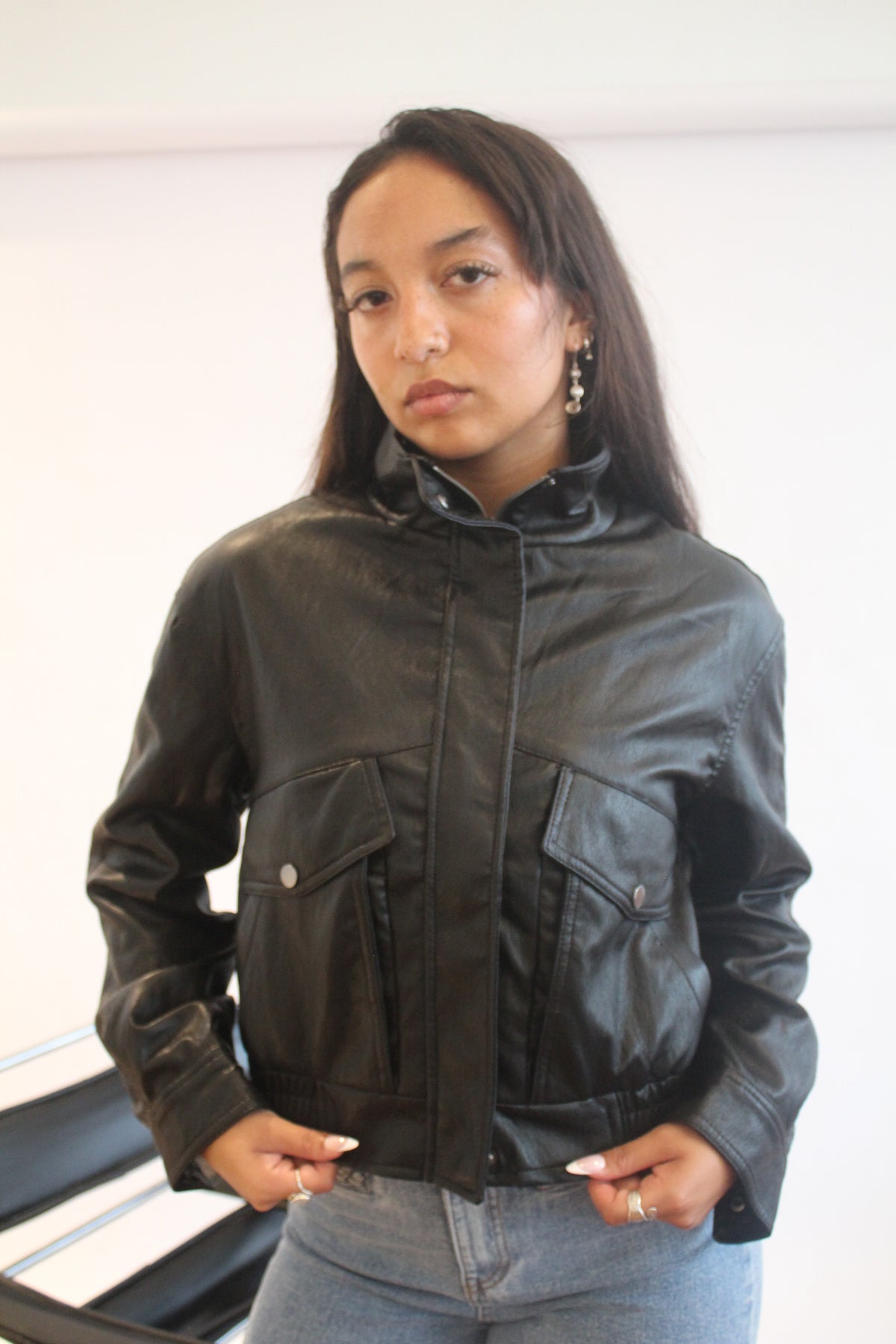 Faux Leather Cargo Bomber — on model