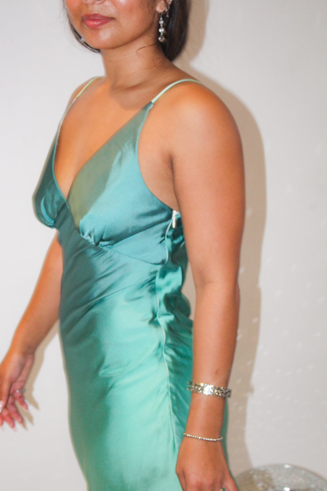 Ombre Satin Bias-Cut Maxi — Jade Ombré, close