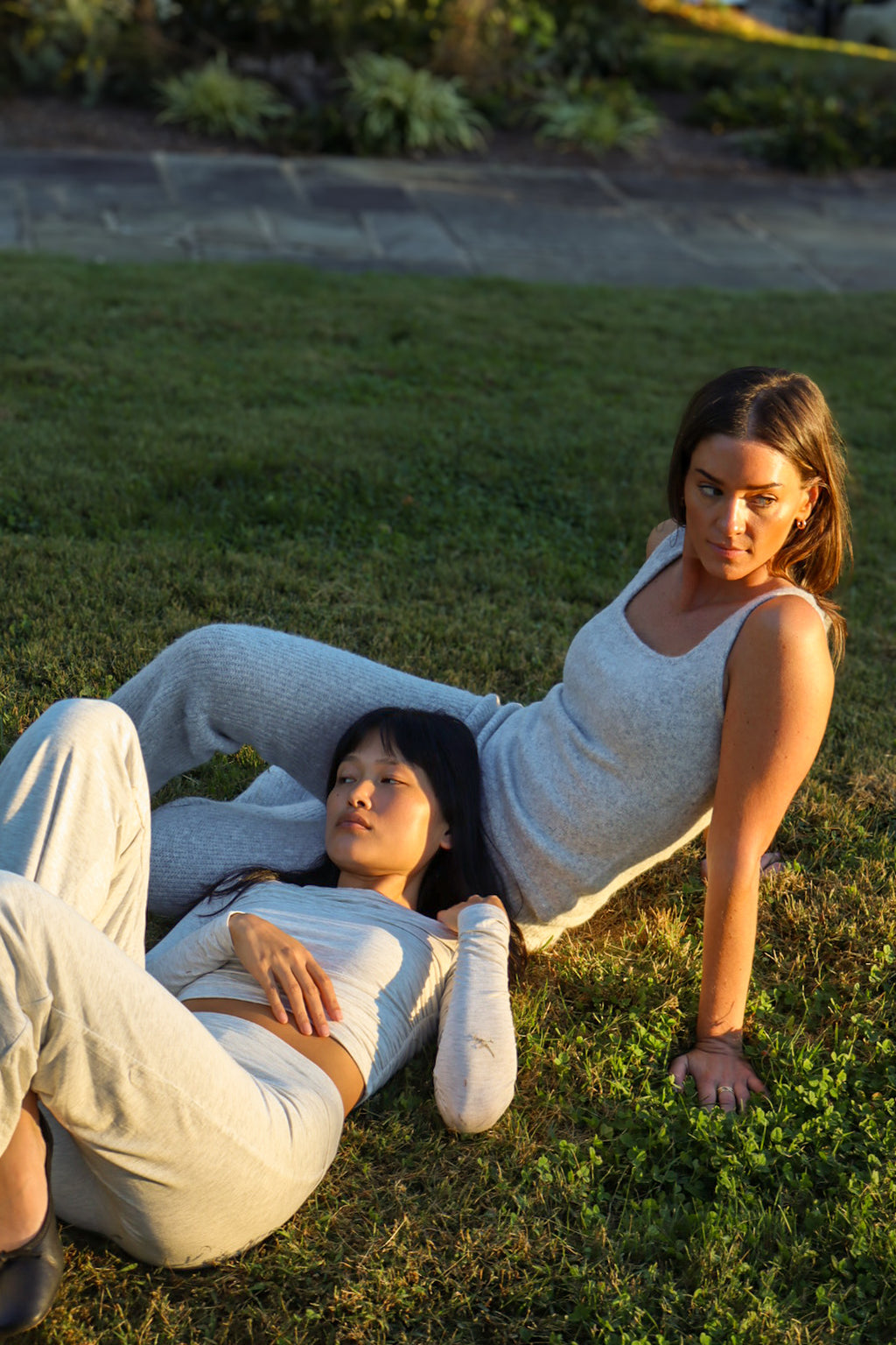 Knit Tank + Flare Pants Set in grey, on the grass