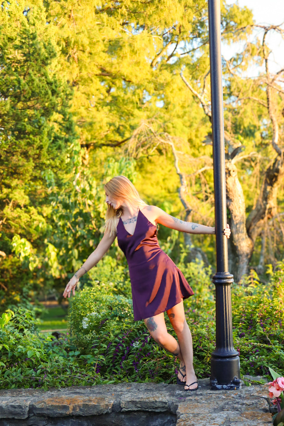 Purple Reign satin mini at Alms Park, full length