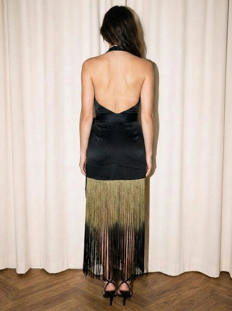 Black ombre fringe halter wrap dress, open back