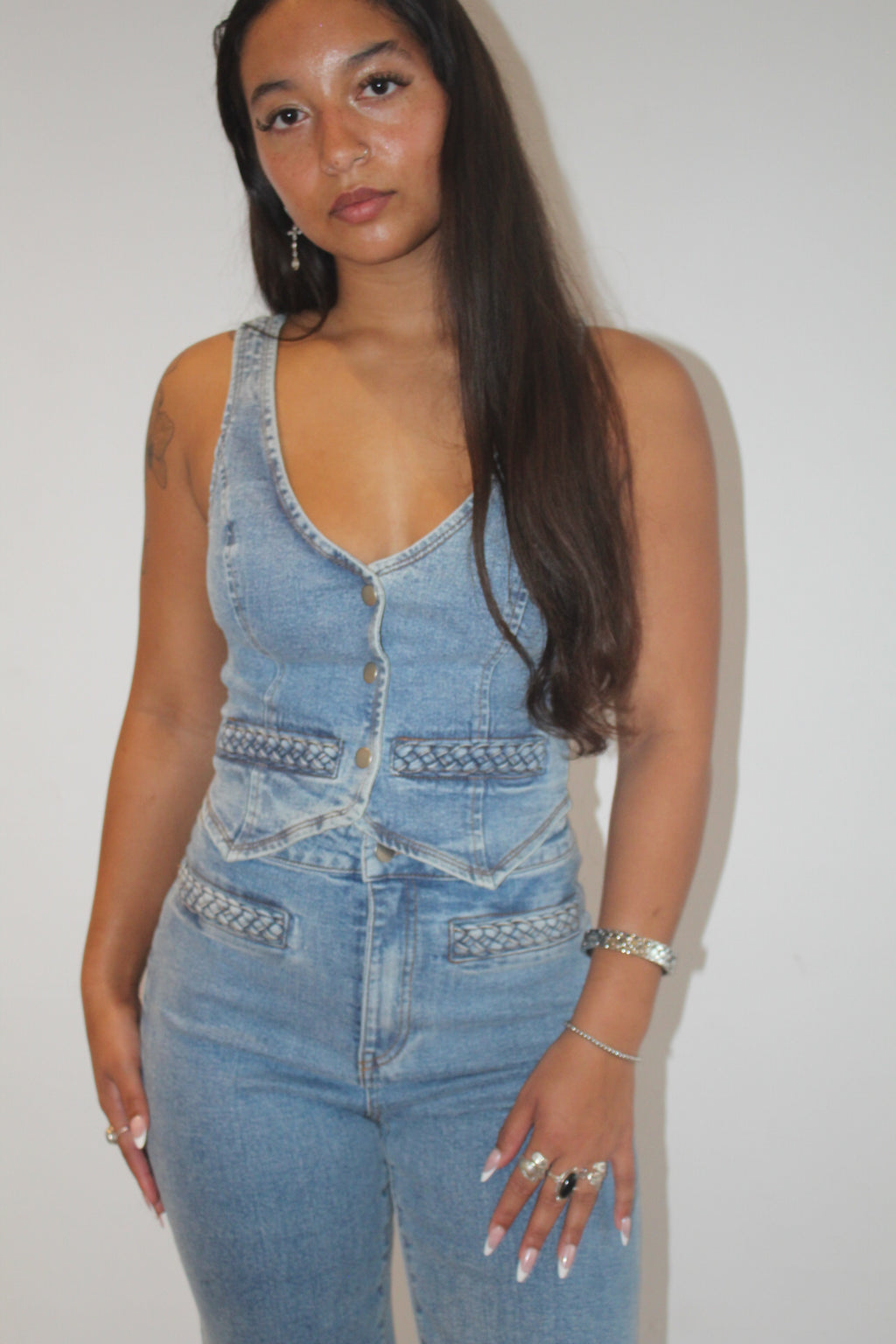 Denim Rope Detail Vest + Wide Pants Set