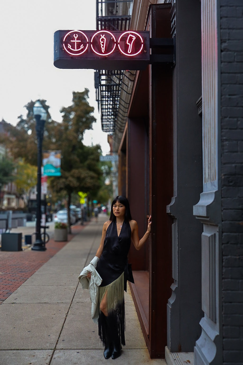 Fringe halter wrap dress under the Abigail Street sign, Over-the-Rhine
