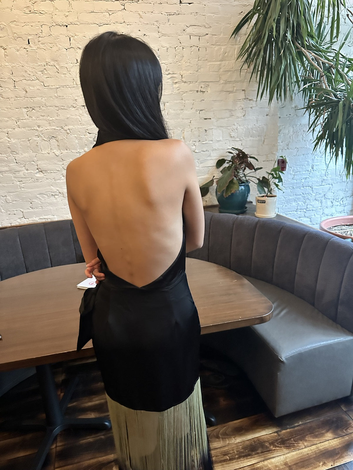 Fringe halter wrap dress, open back