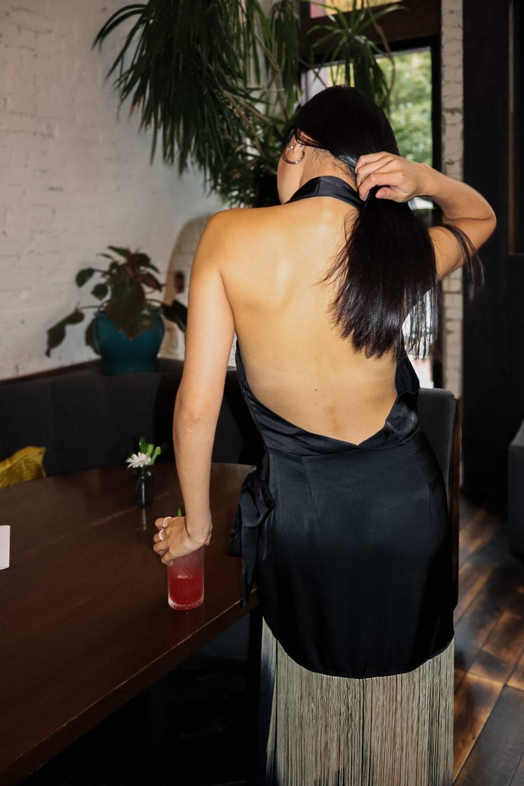 Fringe halter wrap dress, open back