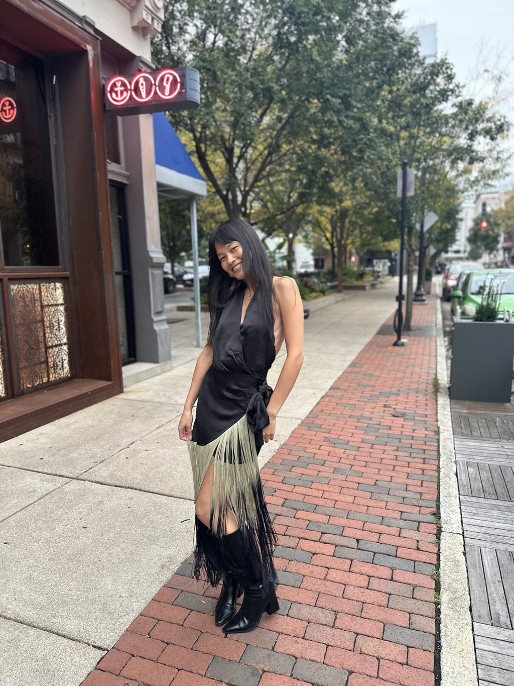 Fringe halter wrap dress on the street in Over-the-Rhine