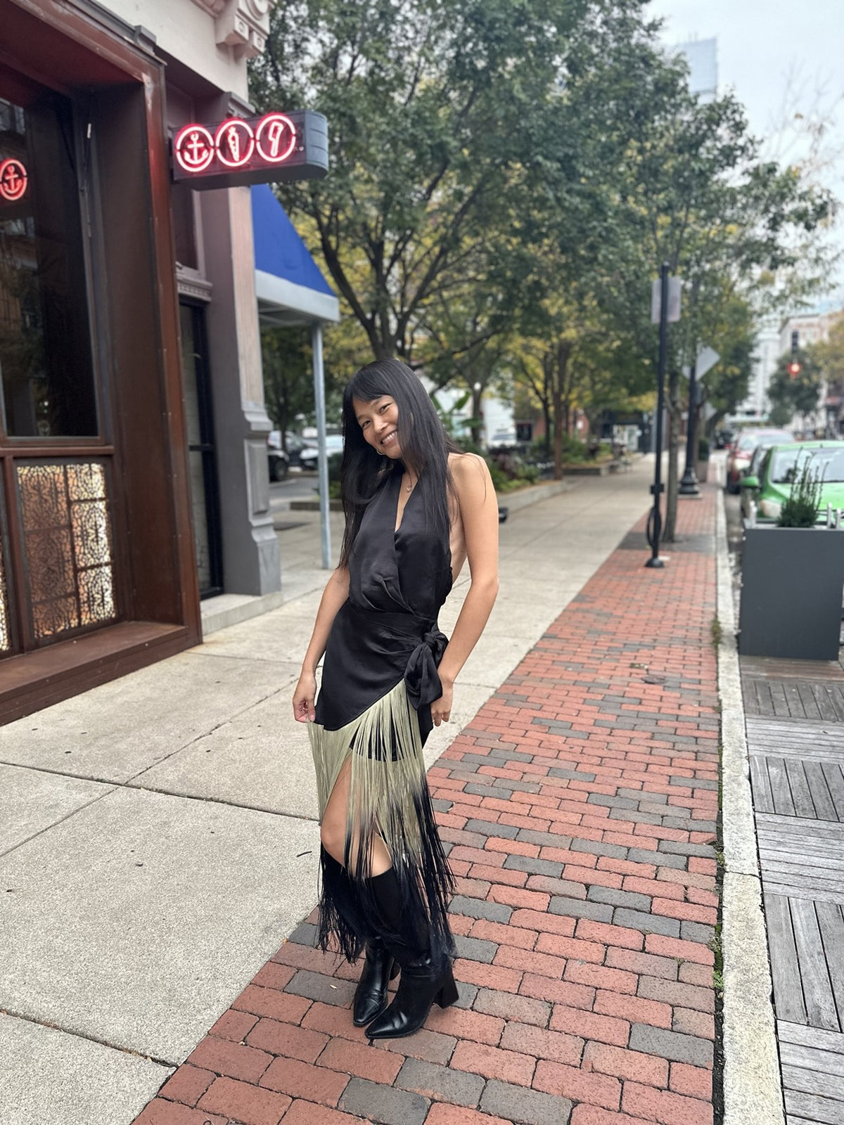 Fringe halter wrap dress on the street in Over-the-Rhine
