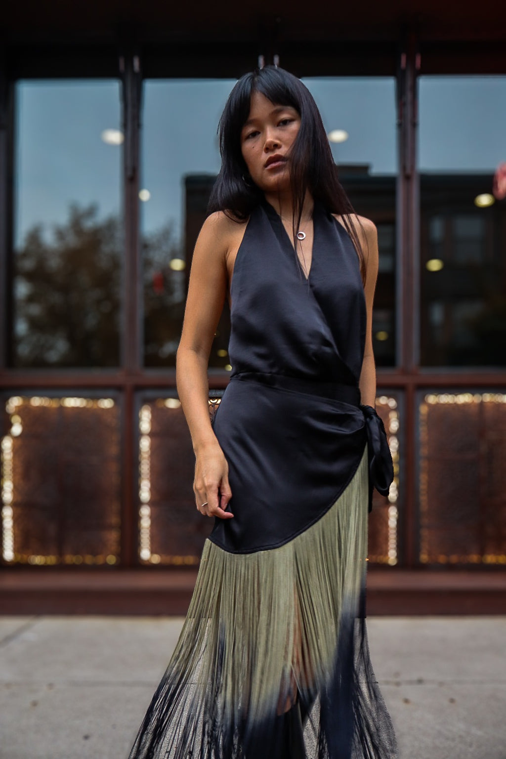 Black ombré fringe halter wrap dress with knee boots, Over-the-Rhine