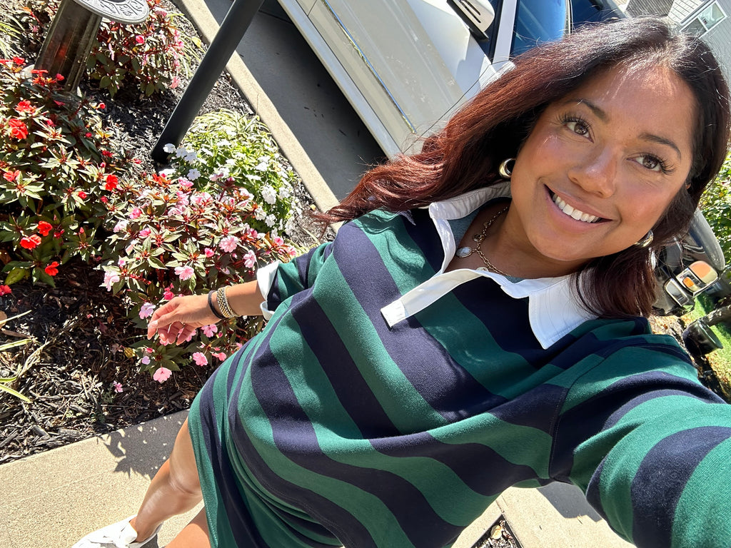 Krystal in the Striped Collar Polo Set, Green/Navy