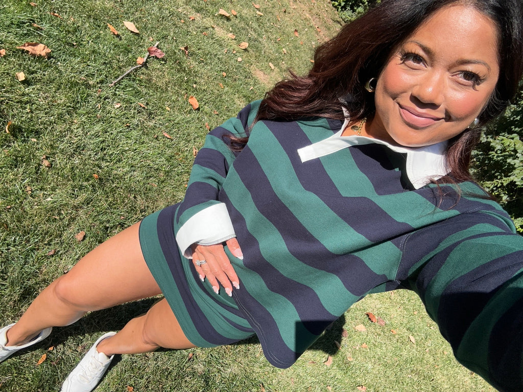 Striped Collar Polo Set, Green/Navy, worn as a full set with white sneakers