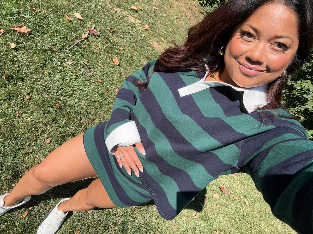 Striped Collar Polo Set, Green/Navy, worn as a full set with white sneakers